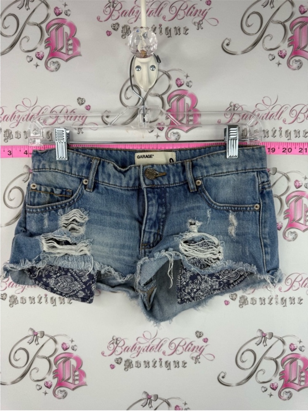 Garage shorts flirty festival Light Blue Distressed Denim Shorts Bandana Accent